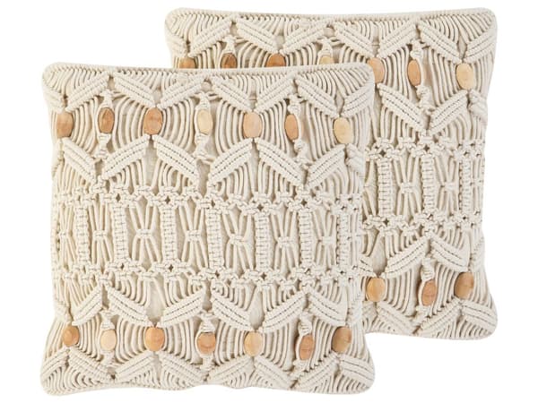 Set av 2 Dekorationskuddar Beige Bomull Macrame 45 x 45 cm Rep Boho Retro Dekor Tillbehör