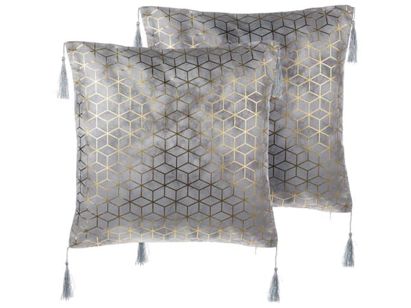 Set med 2 prydnadskuddar Silver Jacquardtyg 45 x 45 cm Kubmönster Med tofsar Geometriskt tryck