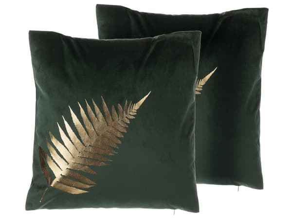 Set med 2 prydnadskuddar Grön Sammet 45 x 45 cm Bladmönster Guldtryck Dekor Hemtillbehör