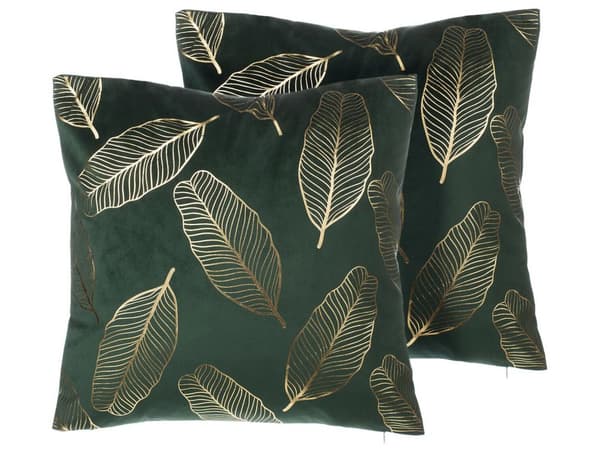 Set med 2 prydnadskuddar Mörkgrön Sammet 45 x 45 cm Bladmönster Guldfolietryck Dekor Hemtillbehör