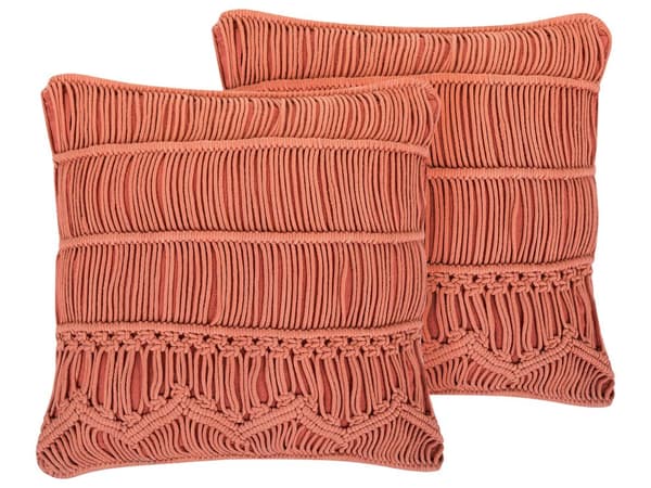 Set av 2 Dekorationskuddar Orange Bomull Macrame 45 x 45 cm Rep Boho Retro Dekor Tillbehör