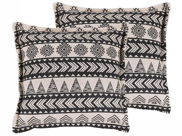 Uppsättning av 2 Beige Kuddar Kuddfodral i Svart Bomull Med Fyllning Fyrkantig 45 x 45 cm Boho Mönster Rustik Dekoration