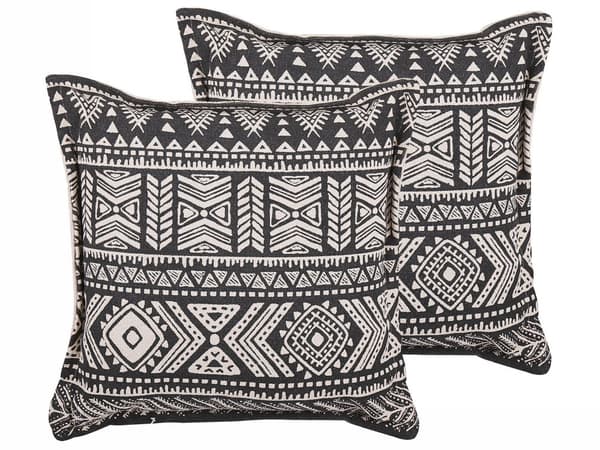 Uppsättning av 2 Svarta Kuddar Med Beige Bomullskudde Med Mönster Fyrkant 45 x 45 cm