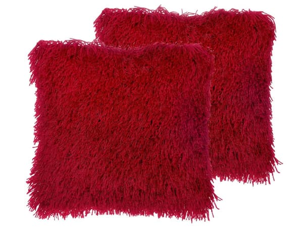 Uppsättning av 2 Prydnadskuddar Röd Polyester Tyg Shaggy Fuskpäls 45 x 45 cm