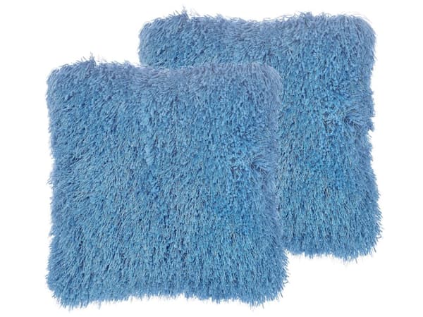 Uppsättning av 2 Prydnadskuddar Blå Polyester Tyg Shaggy Fuskpäls 45 x 45 cm