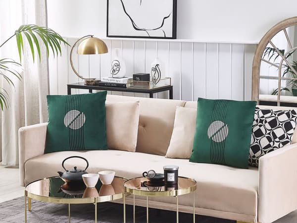 Set av 2 Prydnadskuddar Grön Sammet 45 x 45 cm Glamour Dragkedja Geometriskt Mönster Vardagsrum Sovrum