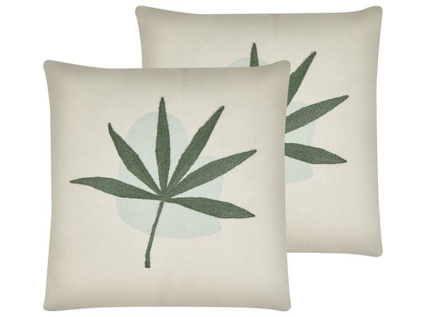 Set av 2 Dekorationskuddar Grön Polyester Bomull 45 x 45 cm Boho Broderat Lövmotiv Vardagsrum Sovrum
