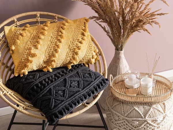 2 st prydnadskuddar Gul med tofsar 30 x 50 cm Randig Retro Boho Inredningstillbehör