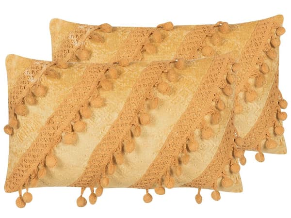 2 st prydnadskuddar Gul med tofsar 30 x 50 cm Randig Retro Boho Inredningstillbehör