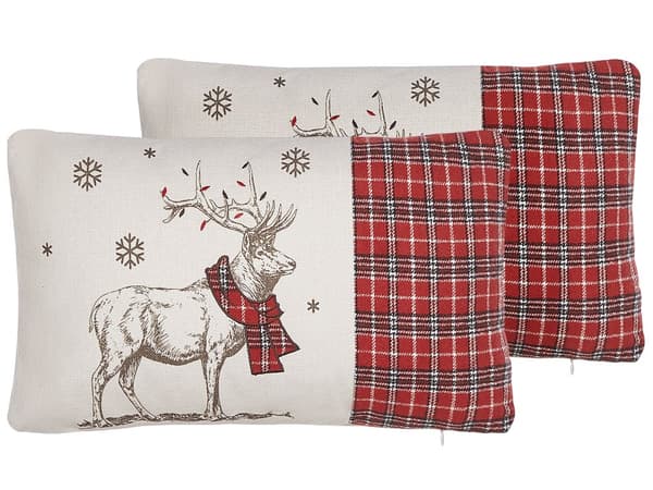 Set av 2 Prydnadskuddar Röd Polyestertyg 30 x 50 cm Ren Tryck Off-White Bakgrund med Fyllning