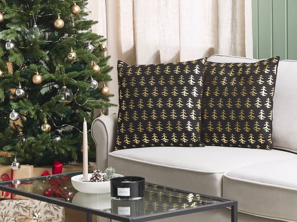 Set av 2 Kuddar Svart Bomull 45 x 45 cm Guld Folie Julgran Mönster med Fyllning