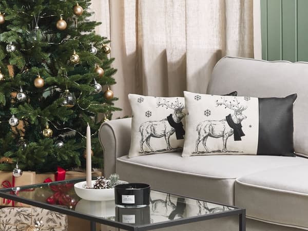 Set av 2 Prydnadskuddar Svart Polyestertyg 30 x 50 cm Ren Tryck Off-White Bakgrund med Fyllning