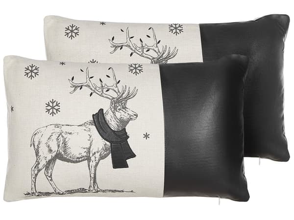 Set av 2 Prydnadskuddar Svart Polyestertyg 30 x 50 cm Ren Tryck Off-White Bakgrund med Fyllning