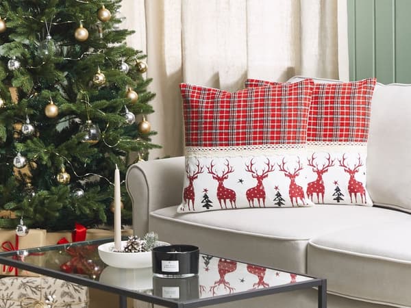 Set av 2 Kuddar Röd och Vit Bomull 45 x 45 cm Rutig och Renmönster Jul Högtid