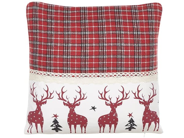 Set av 2 Kuddar Röd och Vit Bomull 45 x 45 cm Rutig och Renmönster Jul Högtid