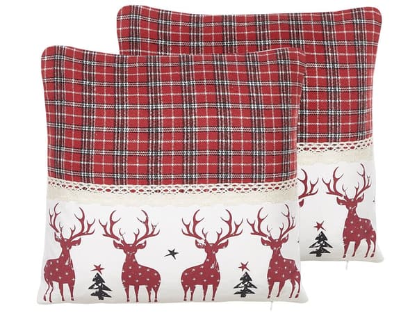 Set av 2 Kuddar Röd och Vit Bomull 45 x 45 cm Rutig och Renmönster Jul Högtid
