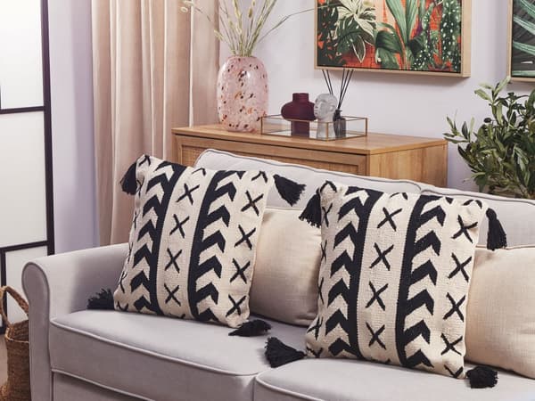 Prydnadskudde Beige Bomull 45 x 45 cm Geometriskt mönster Handvävd Avtagbara överdrag med fyllning Boho-stil