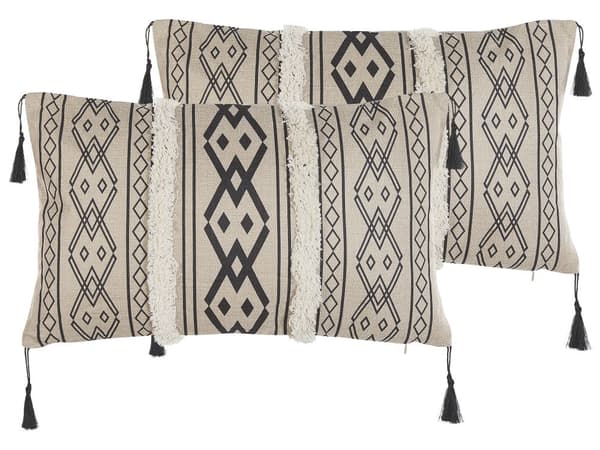 Prydnadskudde 2 st Beige Svart Polyester 30 x 50 cm Geometriskt mönster Boho Tofsar Vardagsrum