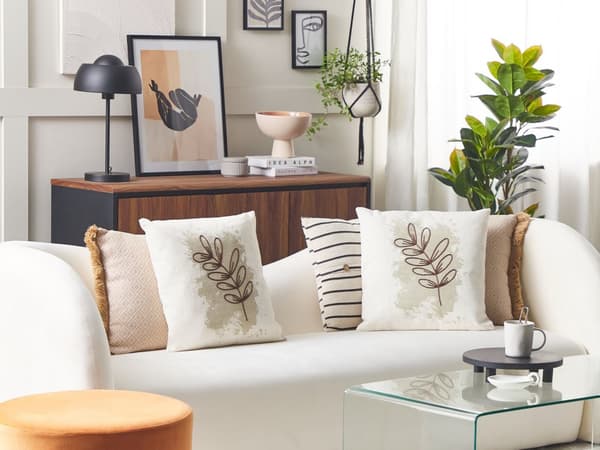 Set med 2 prydnadskuddar Beige Polyesterblandning 45 x 45 cm Dekorativt mjukt hemtillbehör Broderade löv