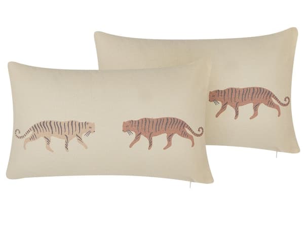 Set av 2 Prydnadskuddar Beige 30 x 50 cm Tigermotiv Dekorativ Avtagbara Kuddfodral Blixtlås Modern Boho stil