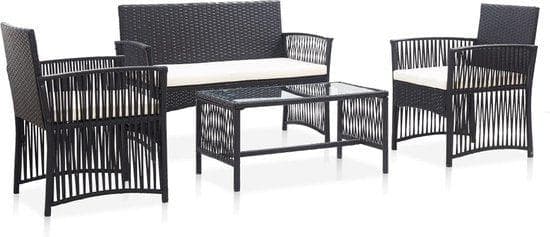 4-delad trädgårdsmöbler set-balkong set-bistro set-terrace bord-garden bord med 2 stolar och 1 bänk-inklusive kuddar-plast-svart