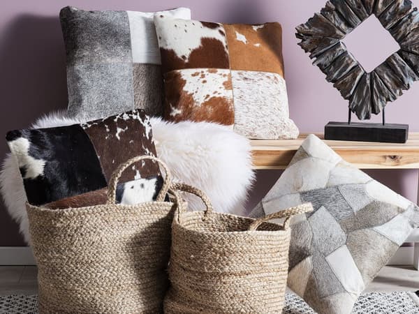 Set med 2 prydnadskuddar Grå Koskinn 45 x 45 cm Lappmönster Två Delar Lantlig Modern Dekor Accessoar