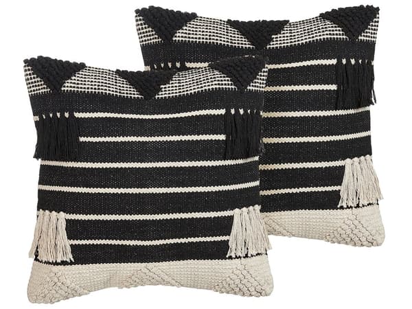 Set med 2 st prydnadskuddar Beige Svart Bomull 50 x 50 cm Geometriskt mönster Tofsar Handgjorda Avtagbart överdrag med fyllning
