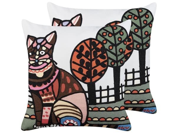 Set av 2 Kuddar Flerfärgade Bomull 50 x 50 cm Kattmotiv Handgjorda Broderade Avtagbara Fodral med Fyllning Boho Stil
