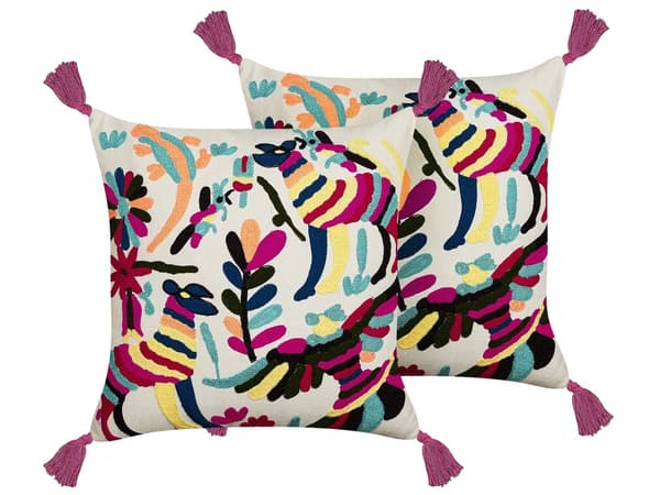 Set med 2 st prydnadskuddar Flerfärgad Bomull 50 x 50 cm Djurmotiv Handgjord Broderad Avtagbart överdrag med fyllning Boho-stil