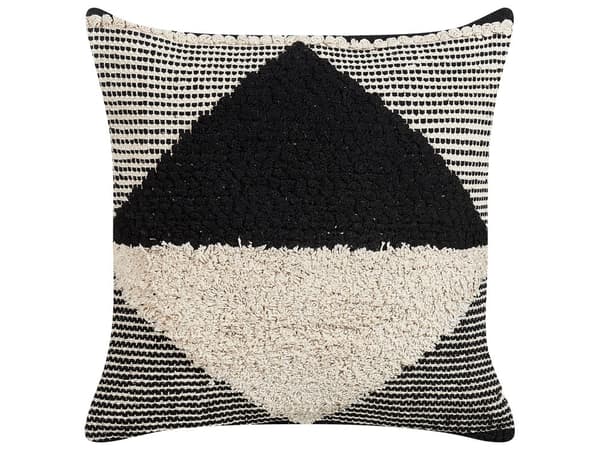 Prydnadskudde Beige Svart Bomull 50 x 50 cm Geometriskt mönster Handvävt avtagbart överdrag med fyllning