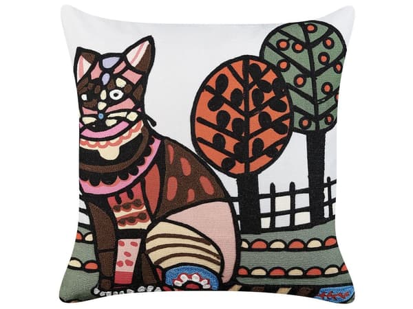 Prydnadskudde Flerfärgad Bomull 50 x 50 cm Kattmotiv Handgjord Broderat mönster Avtagbart fodral med fyllning Boho-stil
