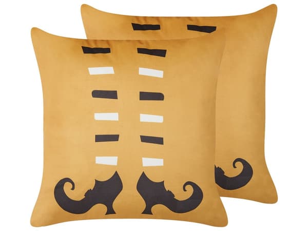 Set av 2 Dekorativa Kuddar Orange Sammet 45 x 45 cm Häxskor Mönster Kvadrat Modern Halloween Höst Dekor Accessoarer