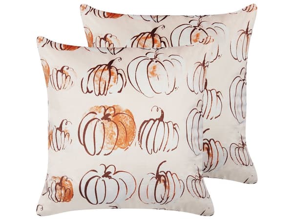 Set av 2 Dekorativa Kuddar Beige Sammet 45 x 45 cm Pumpa Mönster Kvadrat Modern Minimalist Höst Dekor Accessoarer