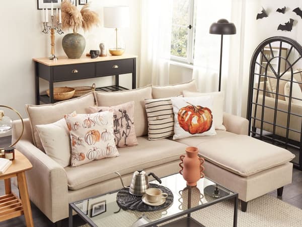 Dekorativ Kudde Beige Sammet 45 x 45 cm Pumpa Mönster Kvadrat Modern Minimalist Höst Dekor Accessoarer