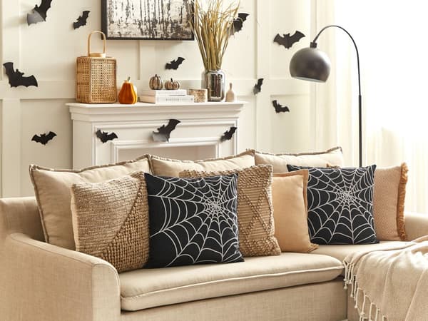 Dekorativ Kudde Svart Sammet 45 x 45 cm Spindelnät Mönster Kvadrat Modern Halloween Höst Dekor Accessoarer