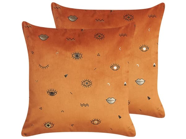 Set med 2 prydnadskuddar Orange Sammet 45 x 45 cm Ögonmotiv Glamour Dekor Hemtillbehör
