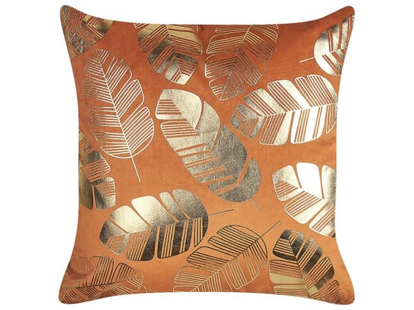 Set med 2 prydnadskuddar Orange Guld Sammet 45 x 45 cm Bladmotiv Folietryck Glamour Dekor Hemtillbehör