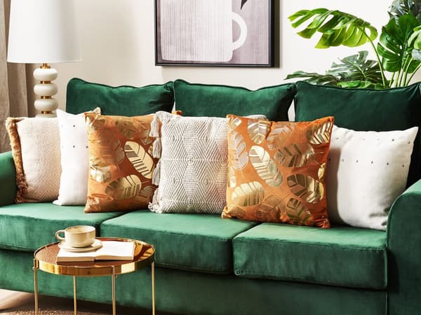 Set med 2 prydnadskuddar Orange Guld Sammet 45 x 45 cm Bladmotiv Folietryck Glamour Dekor Hemtillbehör