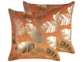 Miniatyrbild 1 av 7: Set med 2 prydnadskuddar Orange Guld Sammet 45 x 45 cm Bladmotiv Folietryck Glamour Dekor Hemtillbehör
