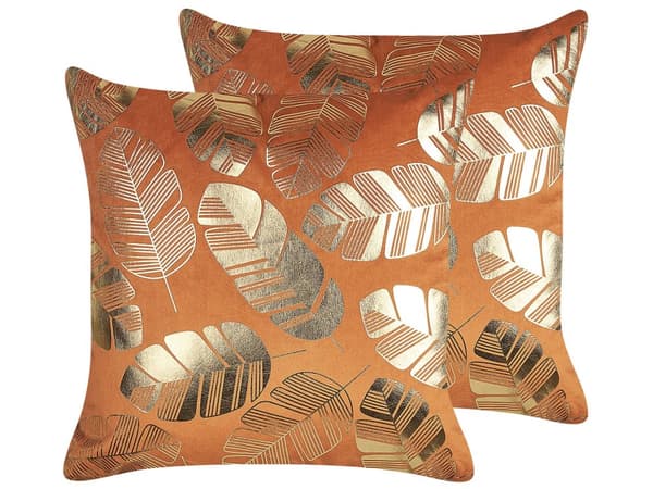 Set med 2 prydnadskuddar Orange Guld Sammet 45 x 45 cm Bladmotiv Folietryck Glamour Dekor Hemtillbehör