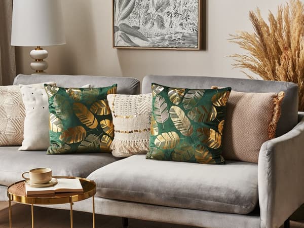 Prydnadskudde Orange Guld Sammet 45 x 45 cm Bladmotiv Folietryck Glamour Dekor Hemtillbehör