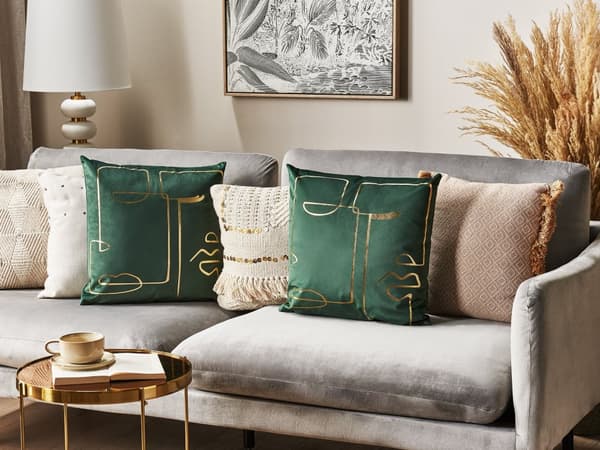 Set med 2 prydnadskuddar Grön Sammet 45 x 45 cm Ansiktsmotiv Glamour Dekor Hemtillbehör