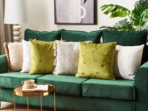 Set med 2 prydnadskuddar Olivgrön Sammet 45 x 45 cm Ögonmotiv Glamour Dekor Hemtillbehör