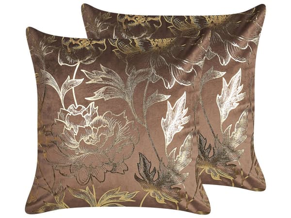 Set med 2 prydnadskuddar Brun Sammet 45 x 45 cm Guld Blommigt tryck Glamour Dekor Hemtillbehör