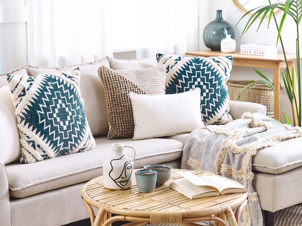 Prydnadskudde Blå och Beige Bomull 50 x 50 cm Geometriskt mönster Folietryck Boho Dekortillbehör