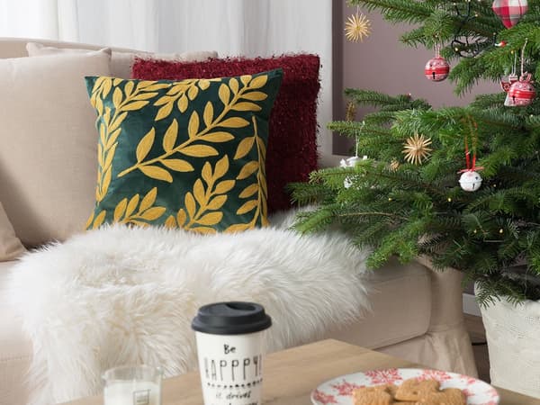 Sett med 2 pynteputer Grønt fløyelsbrodert bladmønster i fløyel 45 x 45 cm Blomstermotiv Glamour Retro Innredningstilbehør