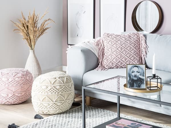 Putesett med 2 stk Rosa Bomull 45 x 45 cm med frynser strikkemønster Boho-stil Stue Salong Soverom
