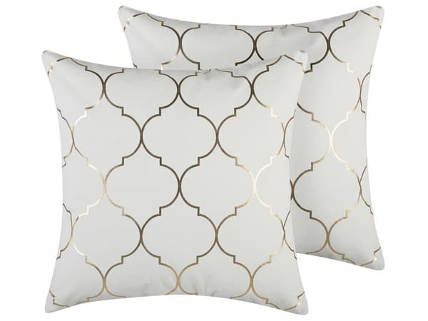 Sett med 2 Pynteputer Hvit Bomull 45 x 45 cm Quatrefoil Mønster Folietrykk Marokkansk Glamour Dekor Tilbehør