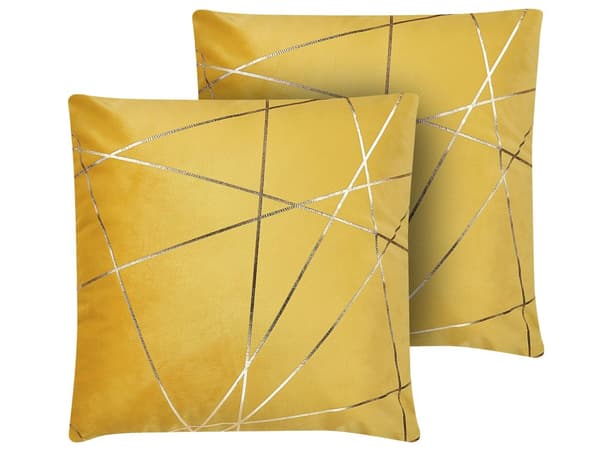 Sett med 2 Pynteputer Gul Fløyel 45 x 45 cm Gull Geometrisk mønster med Avtagbart trekk Glidelåslukking Glamour
