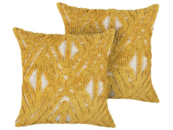 Prydnadskuddar Gul Bomull 45 x 45 cm Geometriskt Mönster Tuftade Broderade Avtagbara Kuddfodral med Fyllning Bohemisk Stil